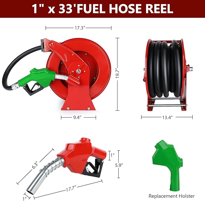Fuel Hose Reel with Fueling Nozzle, 1" x 33FT Retractable Diesel Hose Reel, 300 PSI Industrial Heavy Duty Auto Swivel Rewind Hose Holder Reels, for Vehicle Tank Truck Trailer Ship