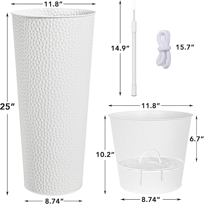 KOL 25" H. Metal Hand-Hammered Planters with Inner Pots 2-Pack, White Decor Planter for Deck, Patio, Porch - Galvanized Steel Handcrafted Flower Pot - w/Water Level Indicator - Indoor Outdoor Use