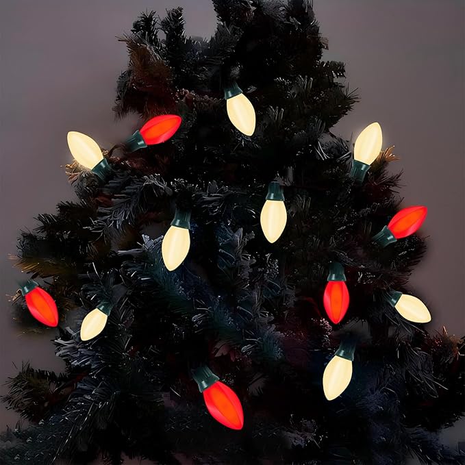 C7 LED Red and White Christmas Lights, 25Ft Outdoor Christmas String Lights with 27 LED Red and White Plastic Bulbs, Vintage Christmas Light for Outside Patio Christmas Tree Cafe Party House Decor