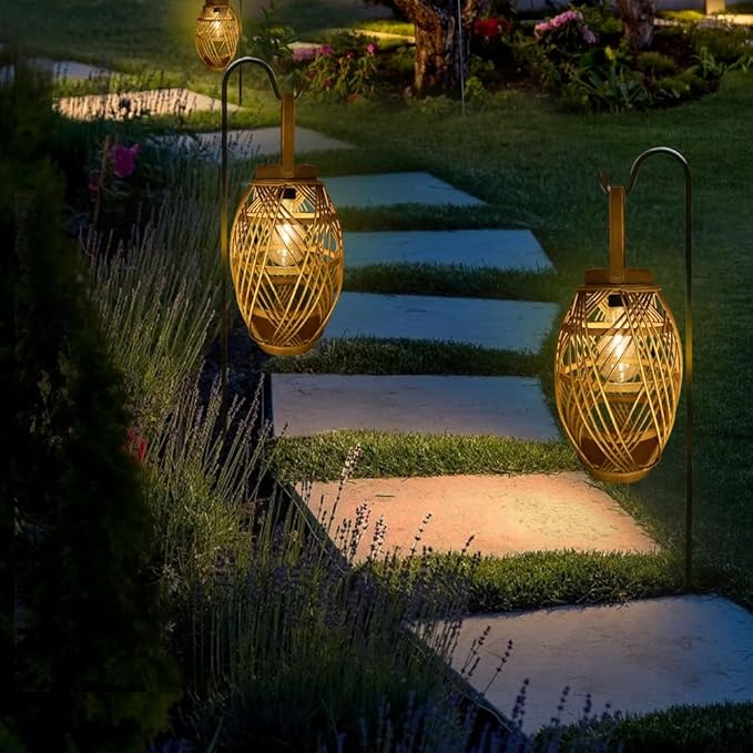pearlstar Outdoor Solar Lanterns Light Rattan Bamboo Lamp with Handle for Hanging or Table Lamp for Patio Yard Garden Wedding Home Decoration, Edison Bulb, Auto on/Off(Style2)