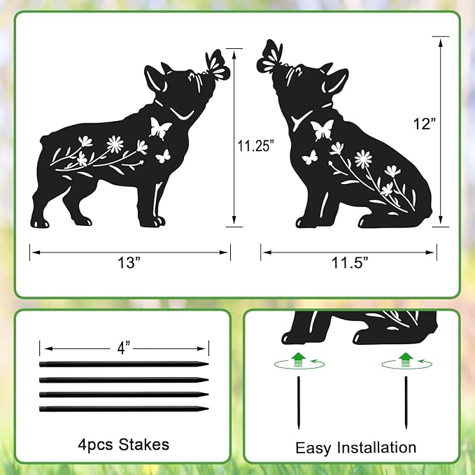 Pack 2 Dog Metal Garden Decor for Outside,French Bulldog Gifts for Women,Dog Silhouette Stakes,Garden Statues for Yard,Lawn,Pathway
