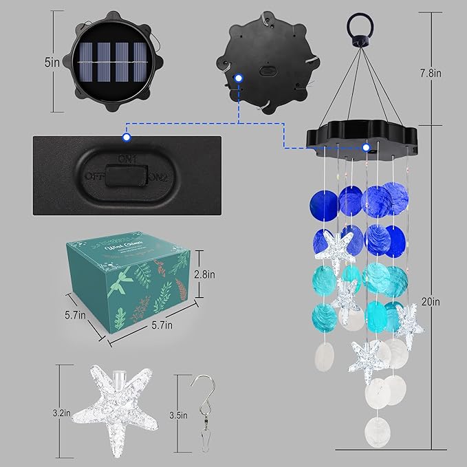 Solar Wind Chimes for Outside, White & Blue Shell Gifts for Mom Grandma Women, Waterproof Solar Outdoor Decorative Mobile Lights for Garden, Yard, Patio, Window, Party, Outdoor Decorations