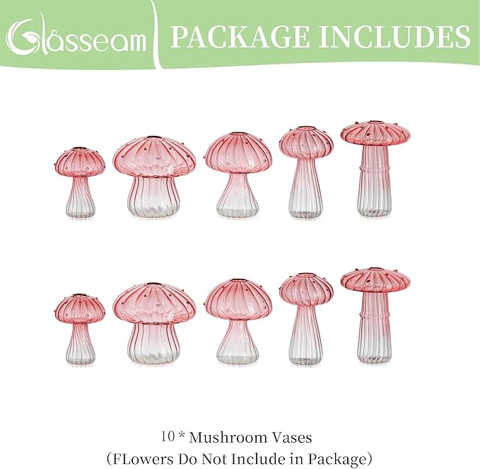 Glasseam Mushroom Plant Propagation Stations: Pink Glass Terrarium Jar Set of 10 Cute Planters for Indoor Plants Mini Propagate Station Unique Christmas Birthday Gifts for Women Home Office Decor
