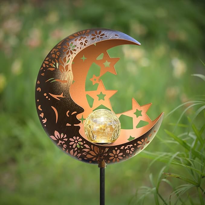 Moon Solar Lights Outdoor Garden Decorative Star Solar Lantern with Warm Light Waterproof Metal Outdoor Decoration for Patio, Pathway or Yard Garden Decor