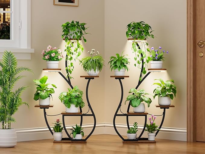 Plant Stand Indoor with Grow Lights - 2 Pack Indoor Plant Shelf, 6 Tiered Corner Plant Stands for Indoor Plants, Swan-Shaped Plant Holder, Metal Flower Display Rack for Living Room, Patio Decor(Black)