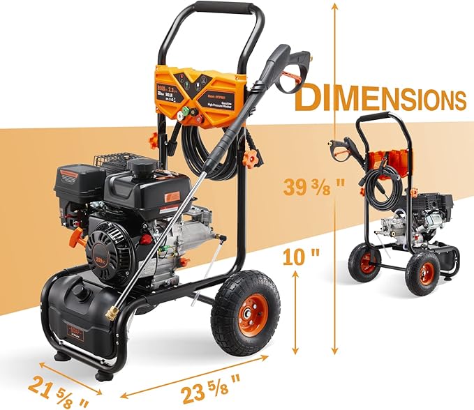 3500 PSI Gas Pressure Washer, 2.3 GPM Power Washer with 209CC Engine, Maintenance-Free Axial Cam Pump, 25FT Hose, 4 Nozzles for Driveways, Walls, Vehicles, Patio (Orange)