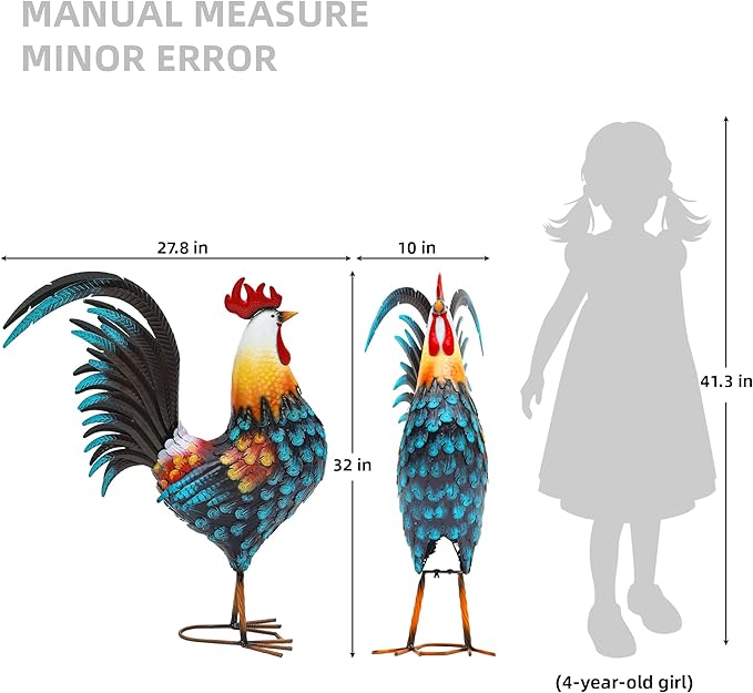 32" Large Metal Rooster Decor, Outdoor Garden Statues, Metal Chicken Sculpture for Backyard Patio Kitchen Decor
