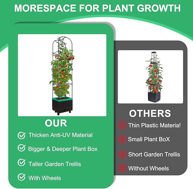 Raised Garden Bed with Self Watering Garden Pots, Planter Box with Trellis for Climbing Plants Vegetable Vine Flowers, Tomato Cage Planter for Indoor Outdoor Yard Greenhouse Use