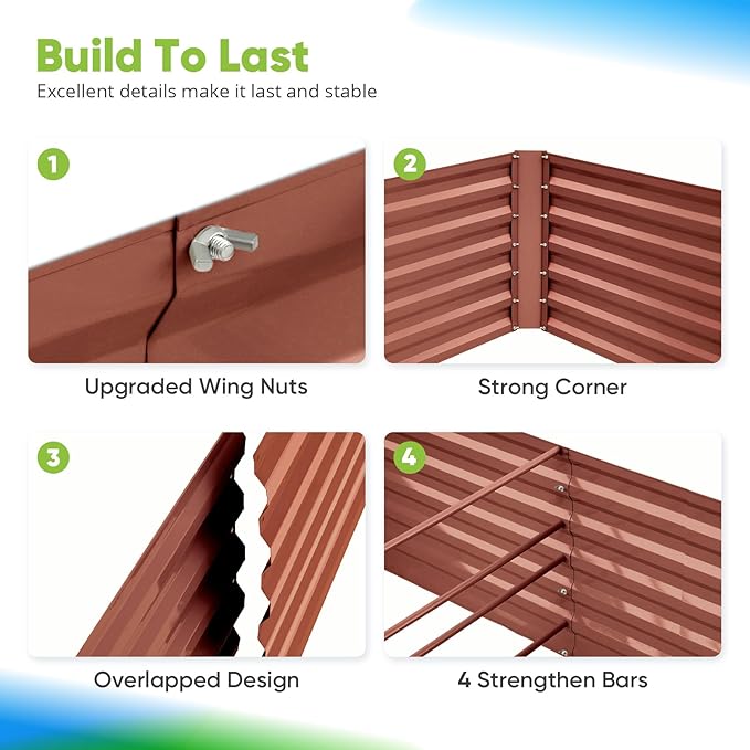 Quictent Galvanized Raised Garden Bed Metal Planter Box Bottomless for Backyard Outdoor, Include 1 pc Tomato Cage, Terracotta, 6x3x2 Ft
