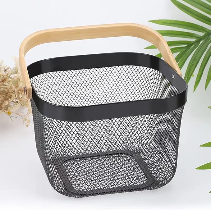 Metal Mesh Steel Basket, Storage Organizer Basket Multi-functional Hanging Kitchen Baskets Fruit Basket Bin with Bamboo Handle for Kitchen Bathroom Picnic Shopping Decor Cabinet Home, Black