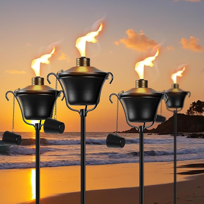 Citronella Torches Set of 4, 3-Prong Grounded Stake Outdoor Torches ,14.5 oz Garden Torches for Outside, 58 inch Outdoor Decorative Torch
