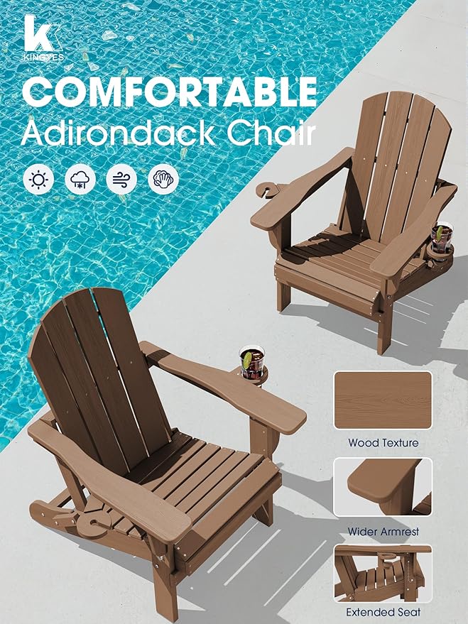 KINGYES Folding Adirondack Chair Set of 8, Dual Cup Holders & All-Weather HDPE, Wood-Like Patio Chair for Backyard, Camping, Pool & Fire Pit, Brown