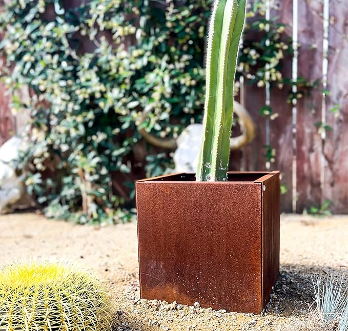 DIY CARTEL Corten Steel Cube Outdoor Planter Box, Rustic & Modern Farmhouse Design, Large Raised Metal Garden Bed for Commercial & Residential Use (12in x 12in)