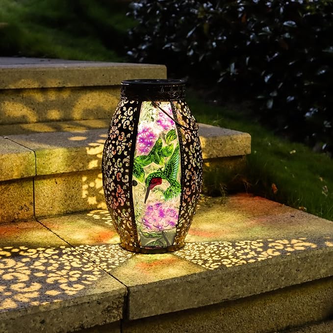 Outdoor Solar Lantern-Waterproof Hummingbird Hanging Metal Decorative Lights for Patio Table Garden Pathway Yard with Super Bright Warm White LED, Large Solar Panels, Auto On/Off