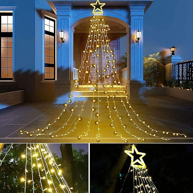 Christmas Decoration Lights, Outdoor Christmas String Lights 320 LED 11.5 Ft Waterfall Tree Lights with Big Star Topper 8 Light Modes for Christmas New Year Holiday Garden Yard Indoor Outdoor Decor