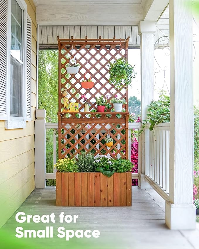 Quictent Raised Garden Bed Wood Planter Box with Lattice Trellis for Vine Climbing Plants Flower Free-Standing, for Patio Garden Indoor Outdoor 29x12x70 in