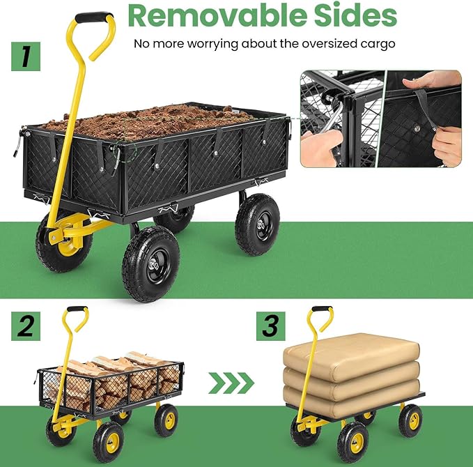 Homdox MAX 880 Lbs Garden Cart, Heavy Duty Foldable Mesh Steel Garden Wagon with 180ยฐ Rotating Handle and 10 Inch Tires, Pullable Yard Cart for Yard Garden Beach Farm, Yellow with Bag