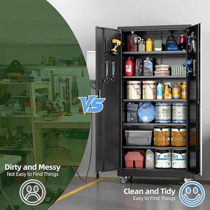 71" H×34" W×18" D Metal Garage Storage Cabinet with Wheels & Pegboard, Lockable Metal Storage Cabinets with 2 Doors&5 Adjustable Shelves for Garage&Home,Assembly Required,Black