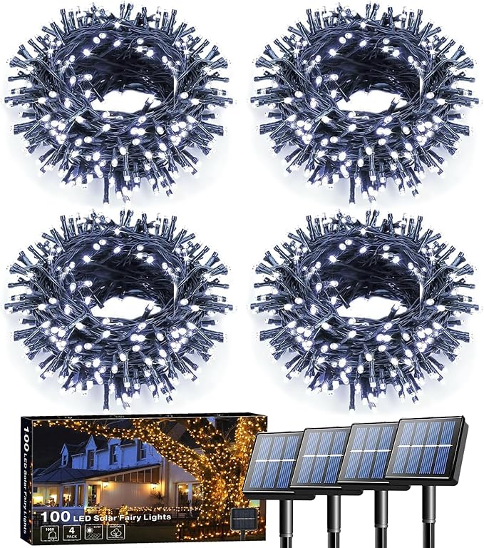 Voolex 4-Pack Solar Christmas String Lights Outdoor - 100LED 33FT Solar Powered LED String Light Waterproof with 8 Modes for Garden, Fence, Holiday, Party, Balcony, Xmas Decorations Cold White