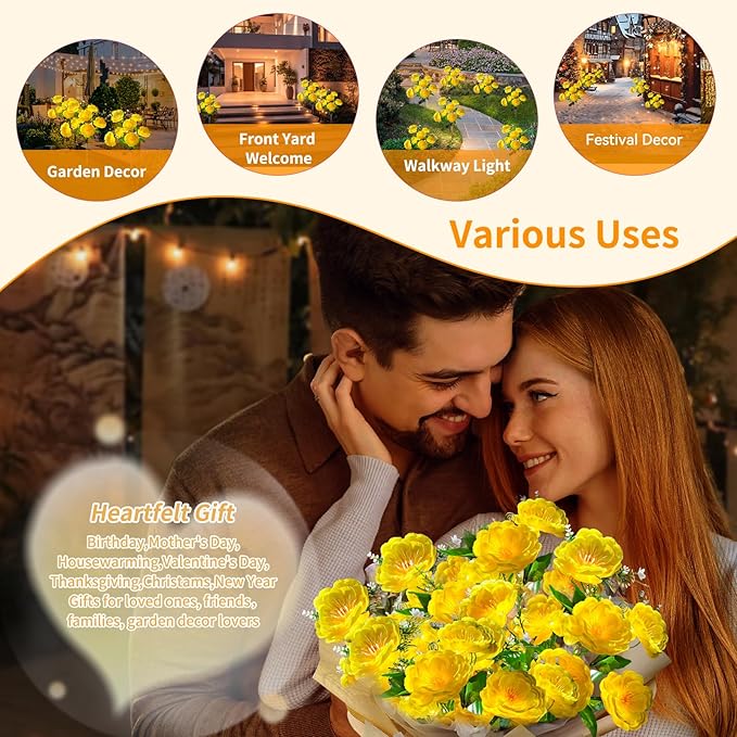 Neporal Solar Flowers Outdoor Waterproof, 4PK 7-Stem Yellow Camellia with 2 Lighting Modes & Romantic Warm Light, Solar Lights Outdoor Decorative for Garden, Yard, Pathway, Gardening Gifts for Women