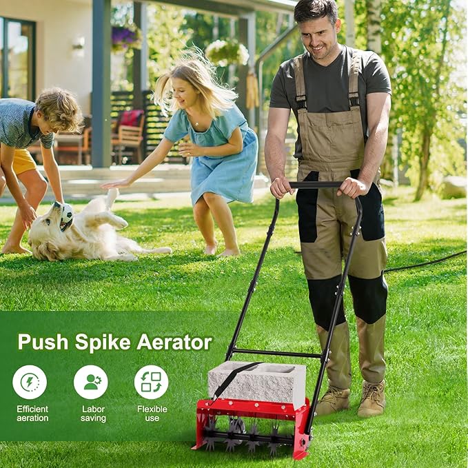 Lawn Aerator,16.5 inch Push Spike Aerator with Side skids, Height Adjustable Rear Wheel Pushed Aerator Lawn Tool, 2025 Upgraded Rolling Manual Tiller,Suitable for Lawn, Garden and Yard.