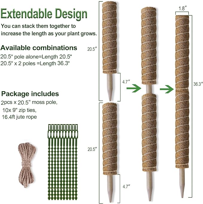 Moss Pole 36 Inch - Monstera Plant Support, 2 Pack 20.5 Inch Plant Stakes for Indoor Plants Coco Coir Moss Pole Sticks for Climbing Potted Live Plants, Pothos, Philodendron, with Garden Ties