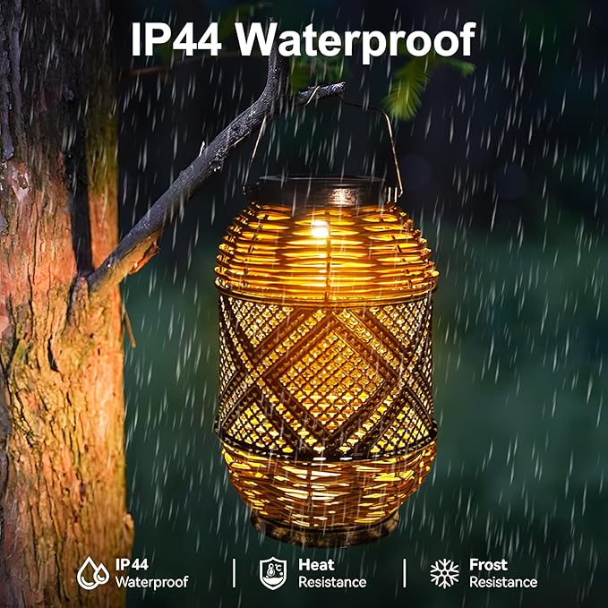 2 Pack Solar Lanterns Outdoor Waterproof,Rattan with Metal Hanging Solar Lights Boho Lanterns Decorative Lights with Handle for Patio Pathway Courtyard Tree Garden Yard Fence
