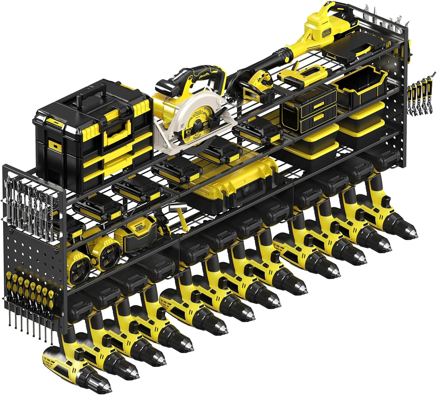 Power Tool Organizer Wall Mount, 49" Heavy Duty 4-Tier Garage Storage Shelf with 12 Drills Holder, Pegboard Side Panels,4 Long Hooks, Large Tool Battery Holder Metal Tool Shelf Rack