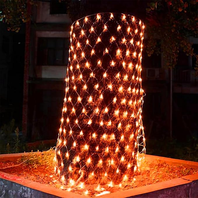 LJLNION Halloween Net Lights, 360 LED 12ft x 5ft Connectable Mesh Fairy String Lights,8 Modes Low Voltage Safe Adaptor for Xmas Trees, Bushes, Wedding, Outdoor Garden Decorations, Orange