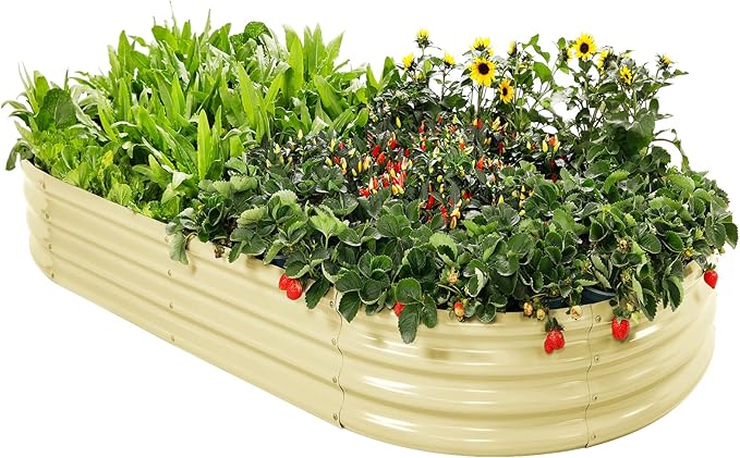 Land Guard Galvanized Raised Garden Bed Kit, Galvanized Planter Raised Garden Boxes Outdoor, Oval Large Metal Raised Garden Beds for Vegetables(Cream Yellow) (Cream Yellow, 4×2×1ft)