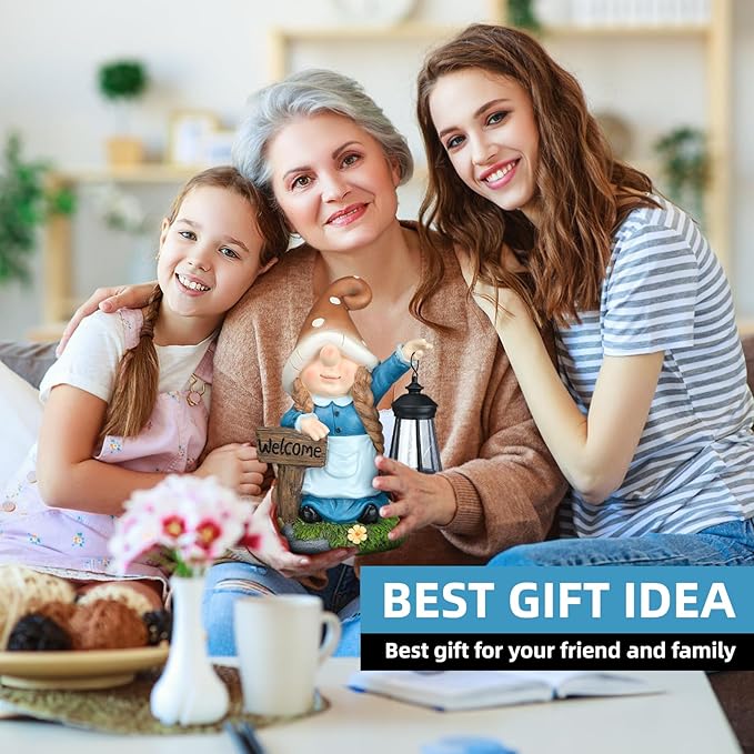 Solar Large Gnome Garden Statue with Welcome Sign Outdoor Decor with LED Lantern Funy for Porch Yard Patio Lawn Ornament Christmas Housewarming Gardening Gift