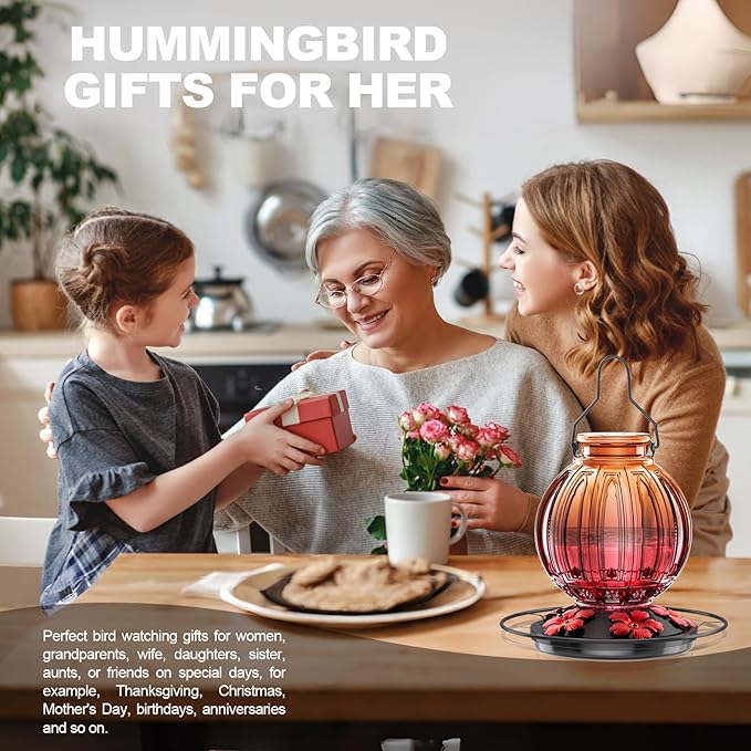Glass Hummingbird Feeder for Outdoors Hanging, 26Oz Bird Nectar Feeder with Perch & 5 Flower Feeding Ports, Leak Proof for Outside Garden Decor Backyard, Gifts for Women Mom, Clear & Red