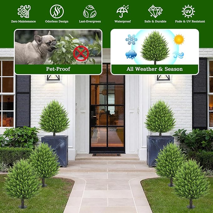 31" Artificial Cedar Topiary Ball Trees with Ground Spike,2 Pack Fake Pine Shrubs Bushes, UV Resistant Faux Evergreen Cypress Tree Plants for Indoor Outdoor Planters Front Porch Garden Decor