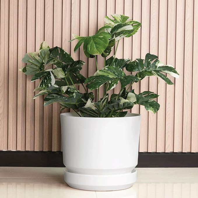 Elly Décor 8 inch Plastic Cylinder Planter Pot with Self-Watering Saucer and Drainage Hole,Lightweight & Extremely Durable, 8"x 8", White