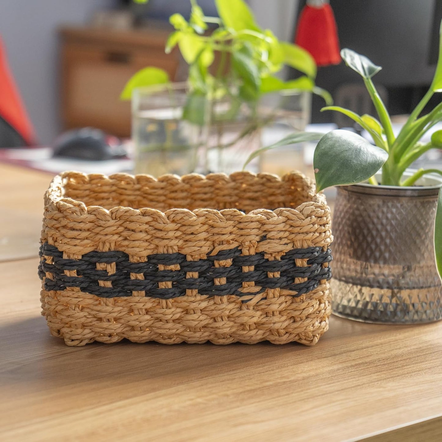 Small baskets for Organizing,Cute woven Storage basket with recycled paper rope for Shelves Bathroom,Little decorative basket,Set of 3 (Desert&Black)