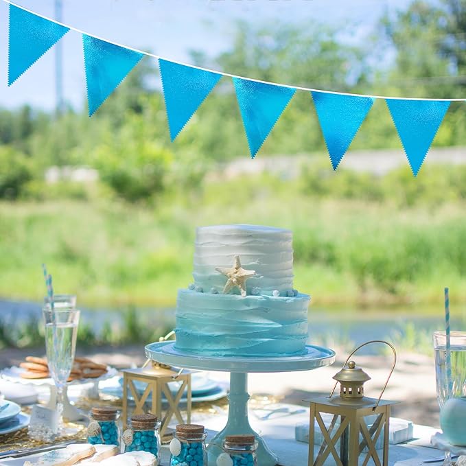 Sky Blue Party Decorations - Light Blue Triangle Pennant Banner Flag - Metallic Fabric Bunting for Graduation, Wedding, Retirement, Birthday, Under The Sea, Nautical, Ahoy, Party Decor Supplies