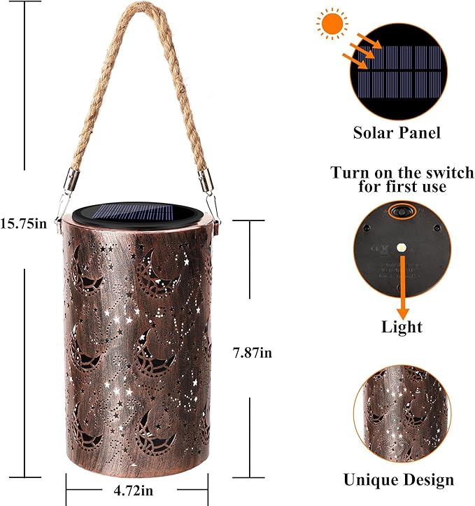 Toodour Solar Lantern Outdoor, Hanging Solar Outdoor Lights Garden Decor, Waterproof Hollow Out Retro Metal Moon Decorative Lights for Patio, Balcony, Yard, Walkway, Landscape, Outdoor Decorations