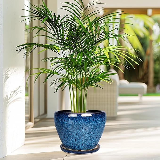 8 Inch Ceramic Plant Pot, Ceramic Planter Pot for Indoor Outdoor Plants, Round Flower Pot with Drainage Hole and Saucer, Blue