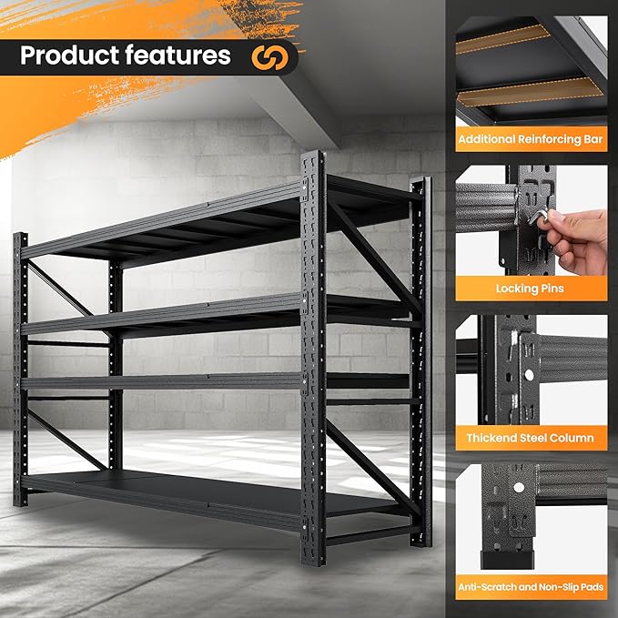 71” W Storage Shelves Heavy Duty, 5000LBS Metal Garage Shelving Units, 4 Tier Storage rack shelf, Steel Industrial Shelving , Adjustable Standing Shelf for Basement/Warehouse 71"W x 24"D x 70"H, Black