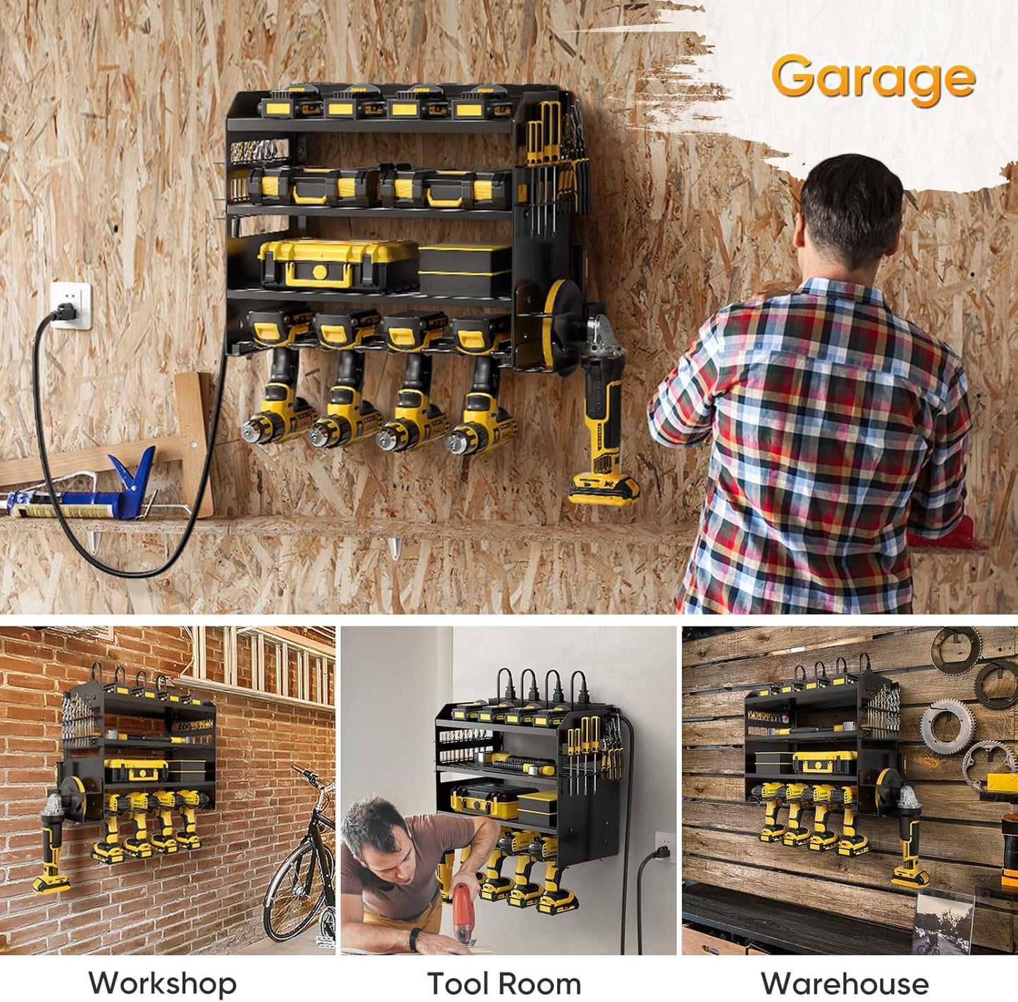 Power Tool Organizer Wall Mount with Charging Station,Tool Storage Rack with 8 Outlet Power Strip,Heavy Duty Metal Battery Utility Rack with 4 Cordless Drill Holder 6.56 Ft Cord for Garage