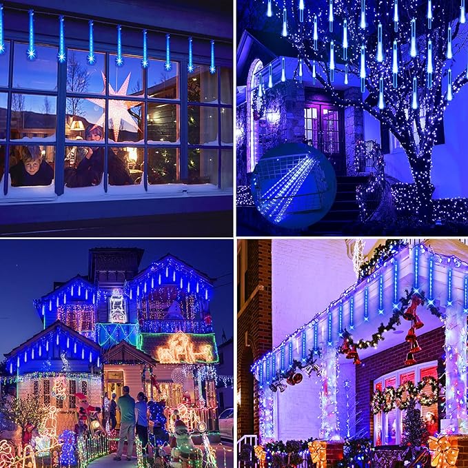 Christmas Lights Outdoors, 32 Tubes(Equivalent to 4 Sets of 8-Tubes) Meteor Shower Rain Lights - Blue lcicle Christmas Light Outdoor for Xmas Tree Wedding Party Holiday House Yard Decor, UL Plug