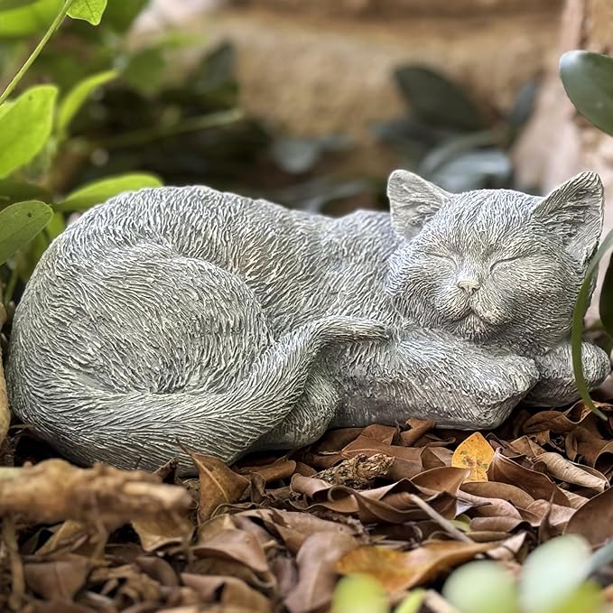 Cat Garden Statue Decoration, Memorial Stone Peaceful Sleeping Figurine for Patio Lawn Porch, 11.5" Cat Memorial Statue Grave Markers and Loss Pet Sympathy Gift