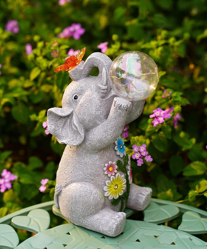 Solar Funny Elephant Statue for Garden: Outdoor Sculptures with Ball Lights and Butterfly Clearance Lawn Ornaments Yard Porch Patio Balcony - Gifts for Mom Grandma