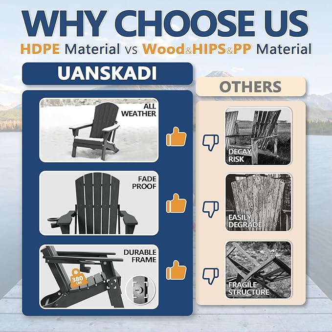 Folding Adirondack Chair with Cup Holder, HDPE All Weather Resistant Plastic Outdoor Patio Chairs, Heavy Duty Fire Pit Seating for Backyard Lawn Garden, Wooden Textured Design(Gray)