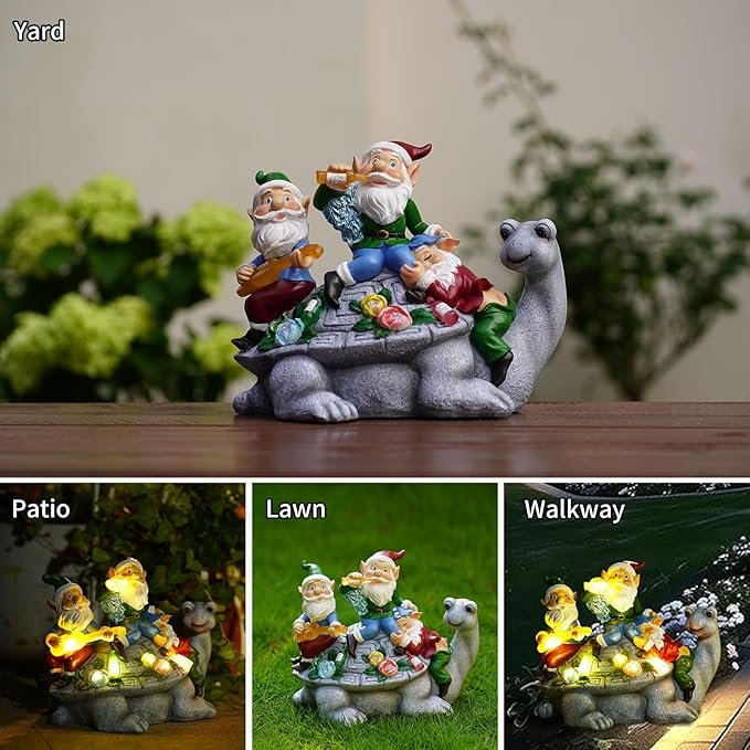 Upgraded Size Solar Garden Outdoor Statues Three Gnomes having party on turtle with 7 LED Solar Figurine for Lawn,Patio,Balcony,Yard Decor Unique Housewarming Gift, for grandfather, Father,Grandma,Wen