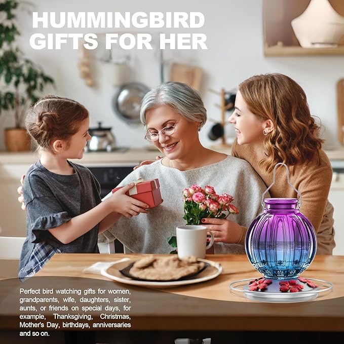 Glass Hummingbird Feeder for Outdoors Hanging, 26Oz Bird Nectar Feeder with Perch & 5 Flower Feeding Ports, Leak Proof for Outside Garden Decor Backyard, Gifts for Women Mom, Purple Blue