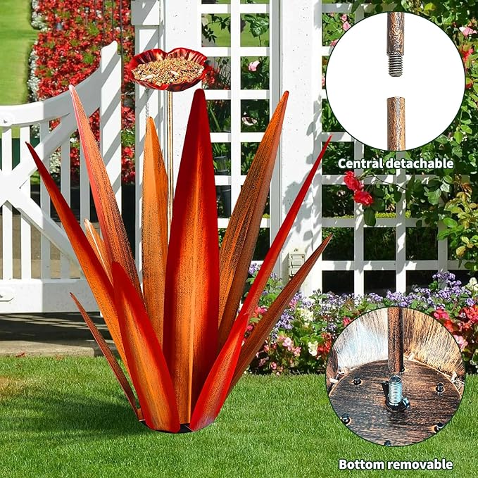 Large Tequila Rustic Sculpture, Rustic Metal Agave Plants for Outdoor Patio Yard, Home Decor Hand Painted Metal Agave Garden Yard Statue, Outdoor Lawn Ornaments (Red - L (W/Bird Feeder))