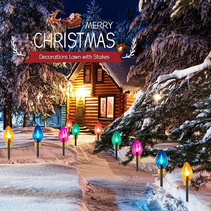 Jumbo C9 Christmas Pathway Lights Outdoor - 8.5 Feet 5 LED C9 Walkway Lights, C7 Covered Multicolor Bulb for Holiday Decorations, Outside Lawn, Yard, Garden