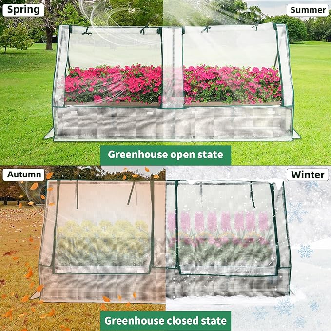 Metal Raised Garden Bed with Greenhouse 2 Large Zipper Windows Dual Use,Galvanized Steel Raised Garden Bed for Gardening Vegetables Fruit,20pcs T-Types Tags & 1 Pair of Gloves,8x4x1FT,Brown