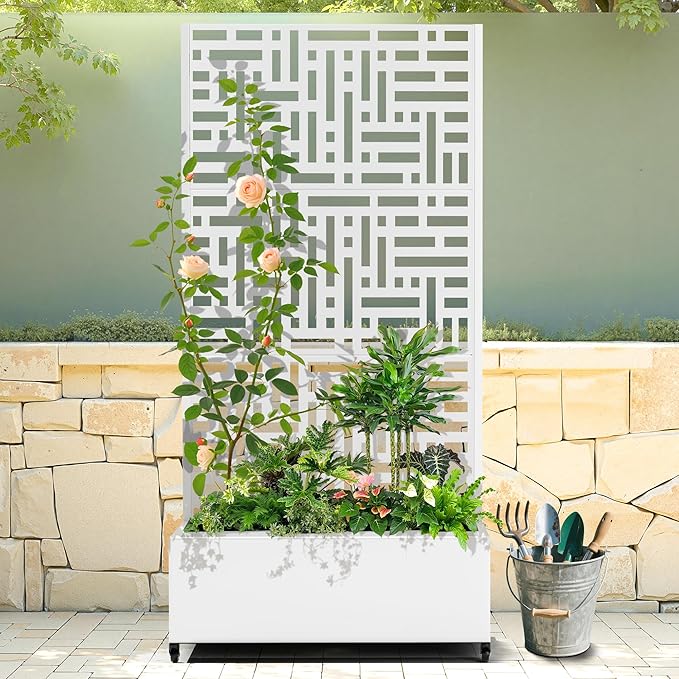 Raised Garden Bed with Trellis and Wheels,73"x35"x16" Metal Raised Garden Bed,White Modern Metal Planter with Climbing Trellis for Vines & Vegetables